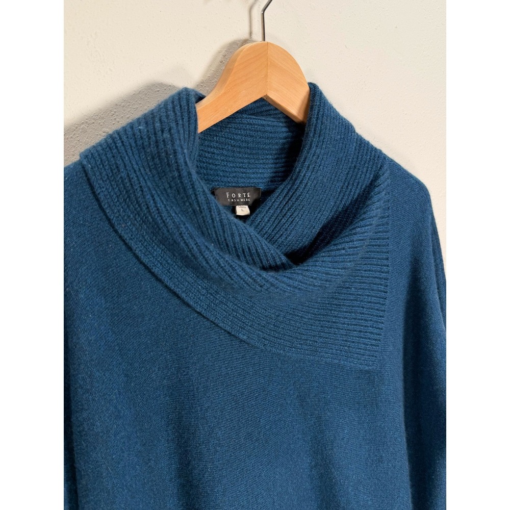Forte Cashmere Tunic Sweater Womens Sz L Dark Teal Blue Shawl Cowl Neck Classic